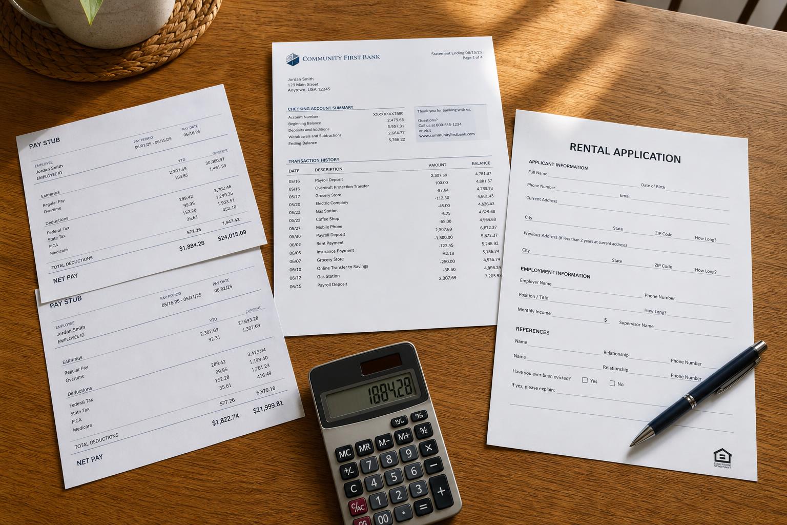 Pay stubs, a bank statement, and a rental application on a kitchen table with a calculator