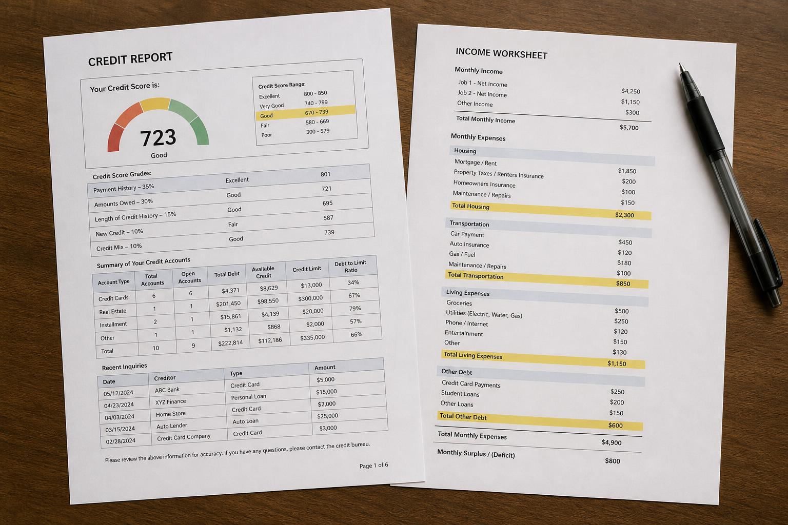 A credit report and an income worksheet side by side on a desk, a few lines highlighted
