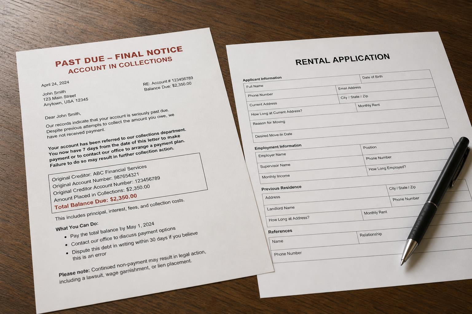 A collection notice beside a rental application and a pen on a table