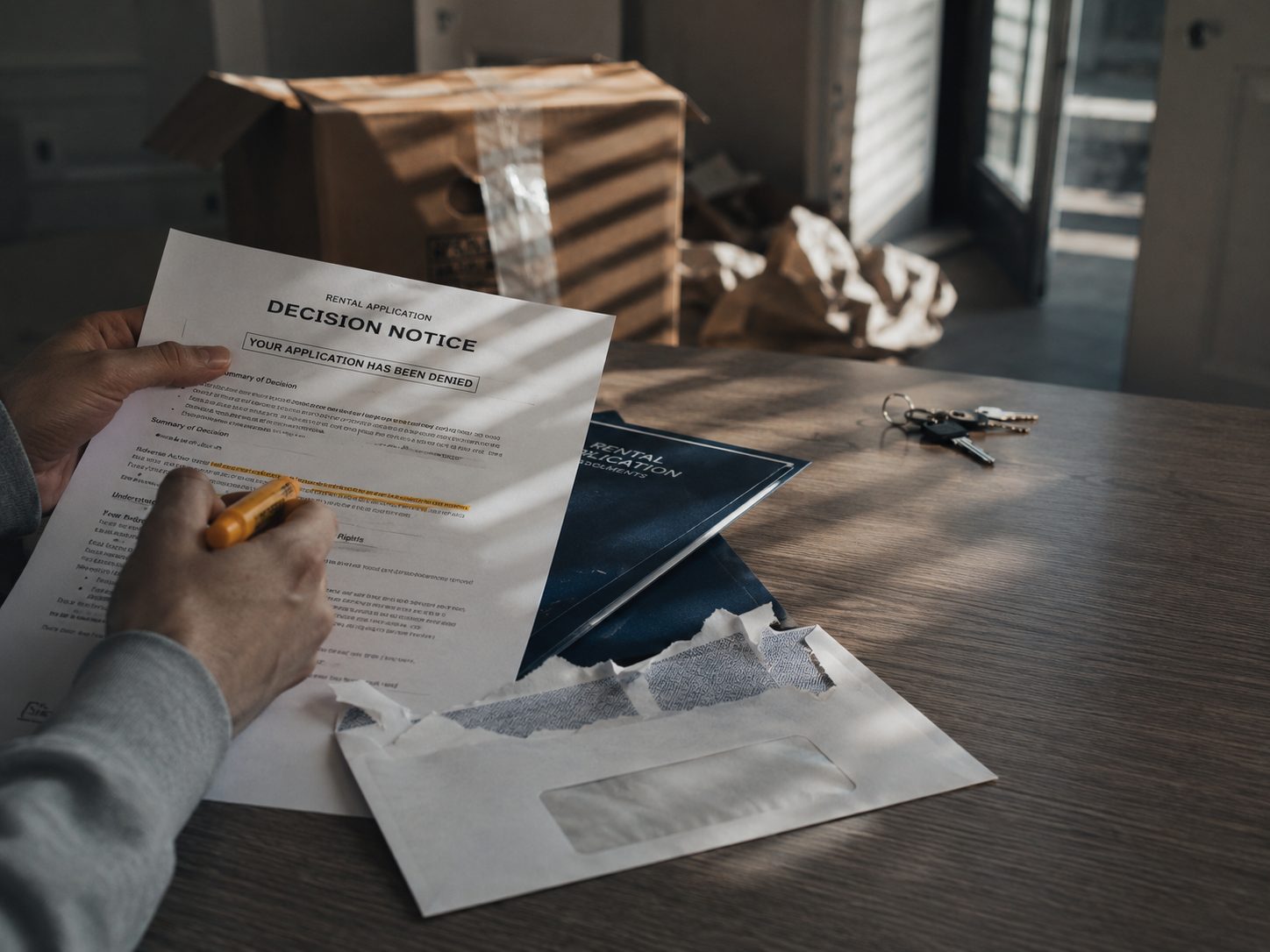 Hands highlighting a rental application decision notice, with moving boxes and keys nearby