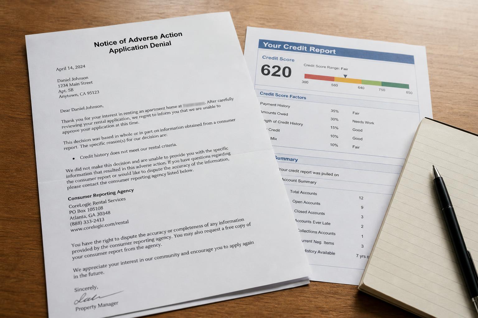 A rental denial letter and a credit report on a desk, with a pen and a notepad
