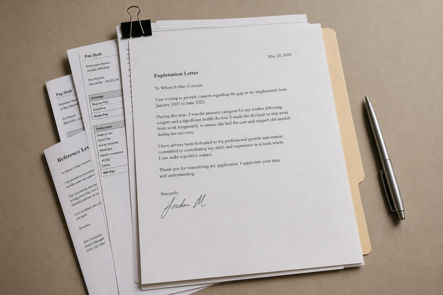 A short explanation letter and supporting documents clipped together on a desk
