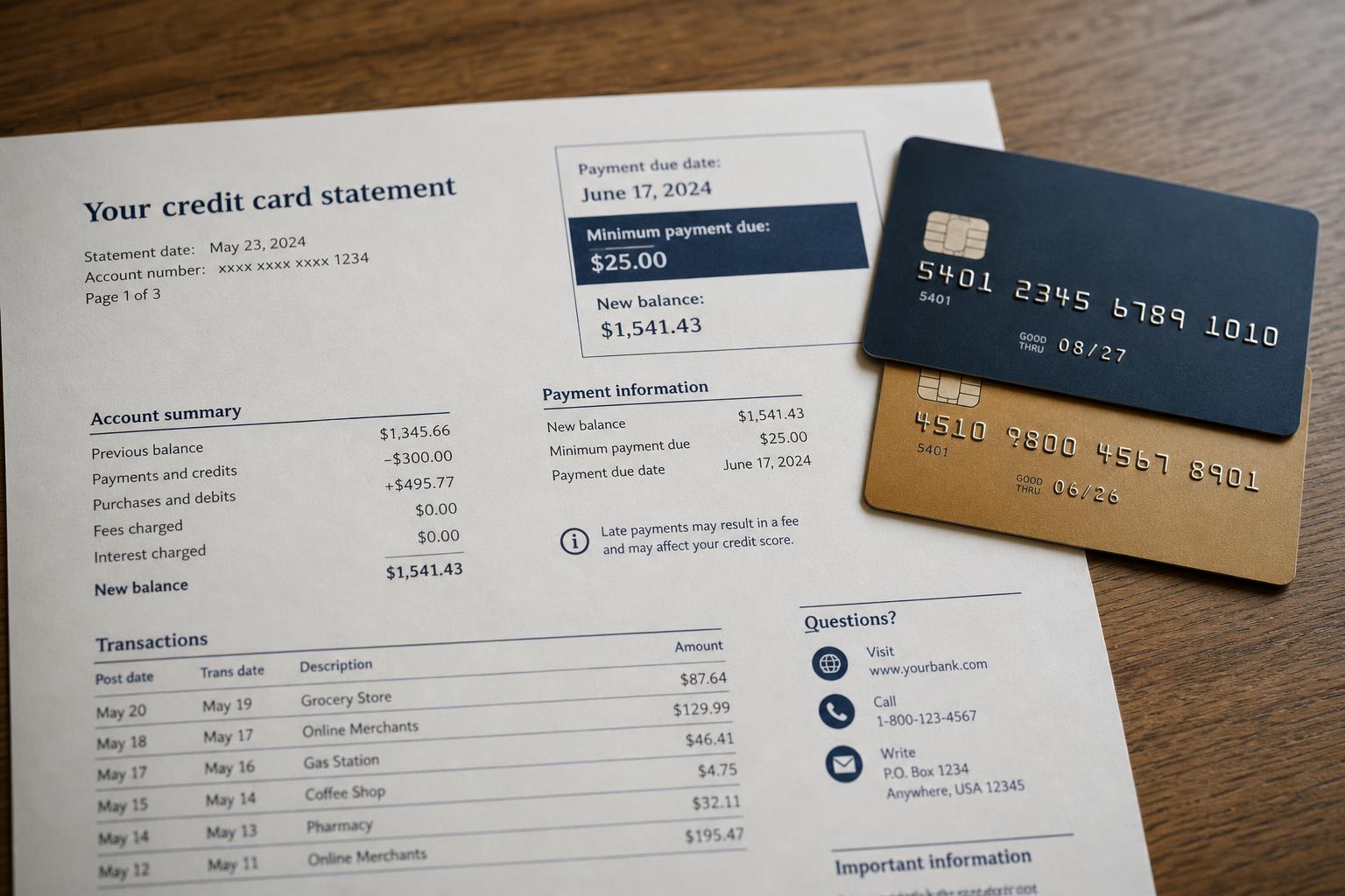 Two credit cards resting on a shared credit-card statement
