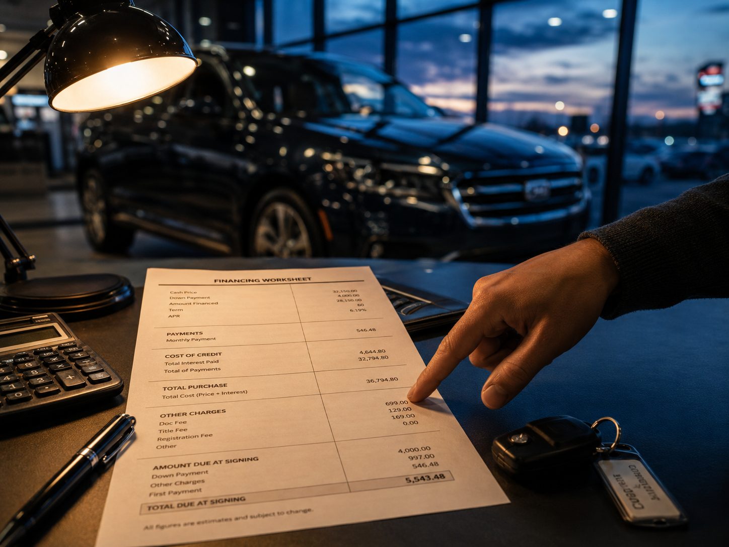 Una mano revisando una hoja de cálculo de financiamiento de auto en un concesionario, con una calculadora y llaves de auto