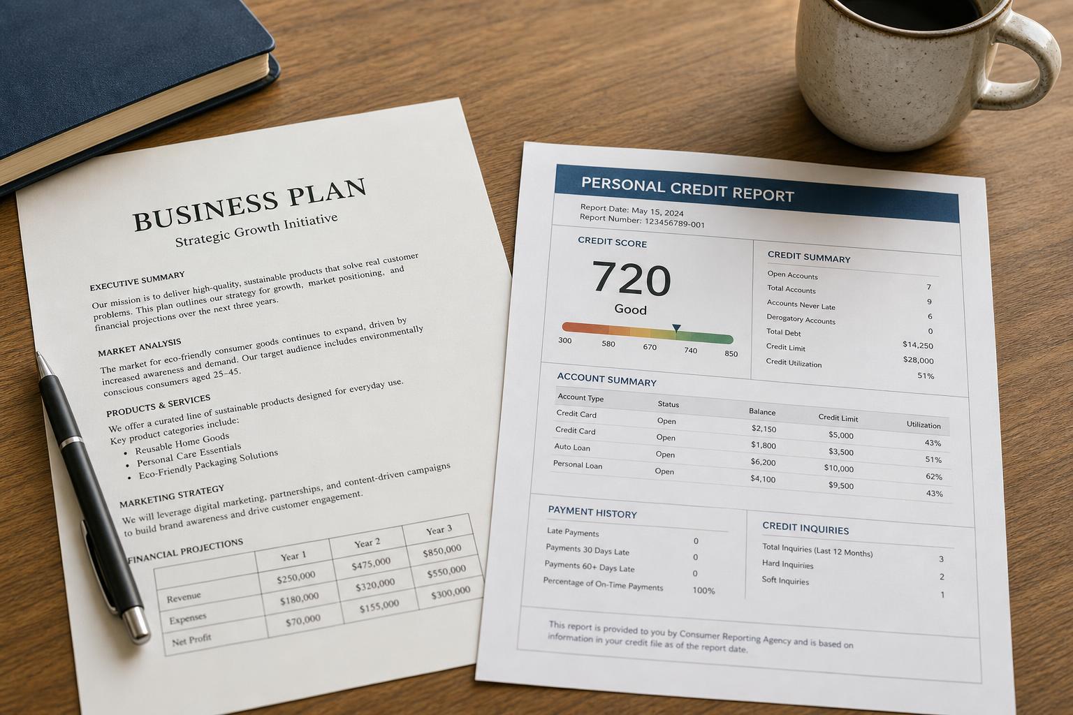 A business plan document and a personal credit report side by side