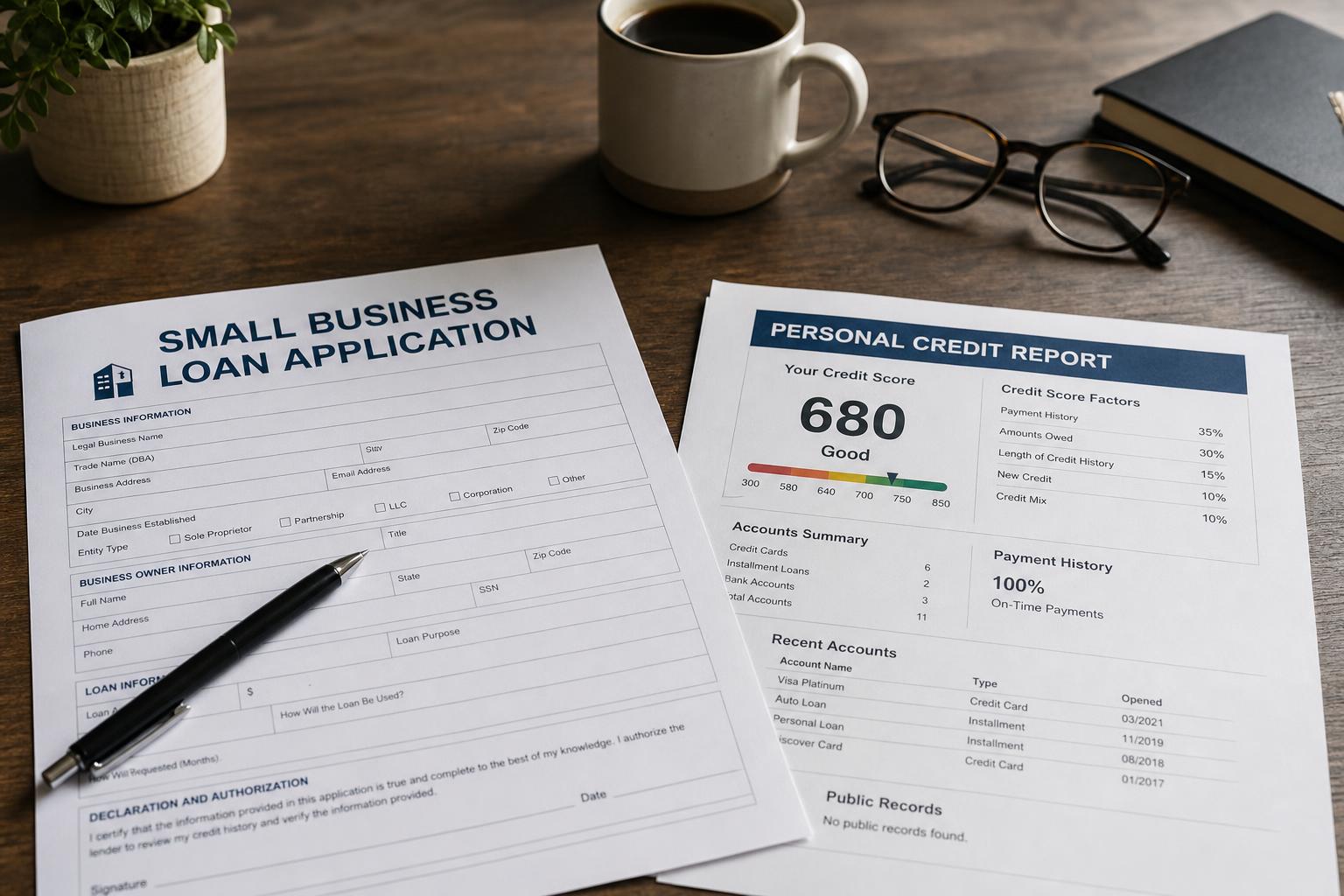 A small-business loan application beside a personal credit report on a desk