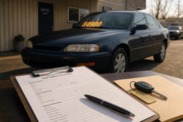 A used car on a small dealer lot beside a financing document, no logos