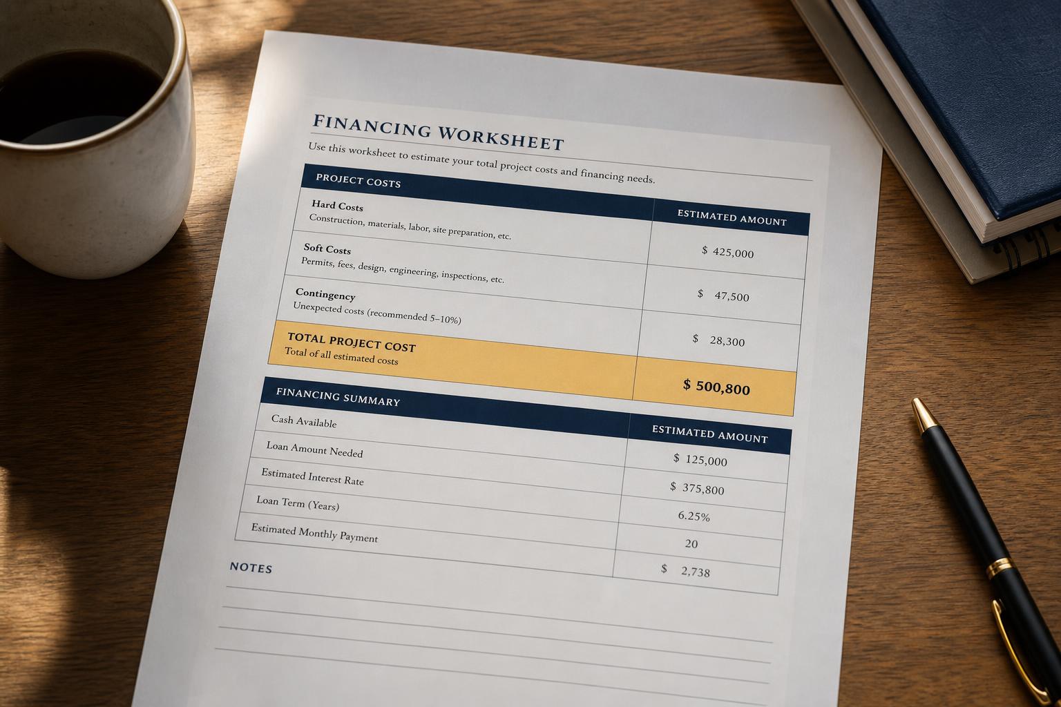 A financing worksheet with the total-cost section highlighted