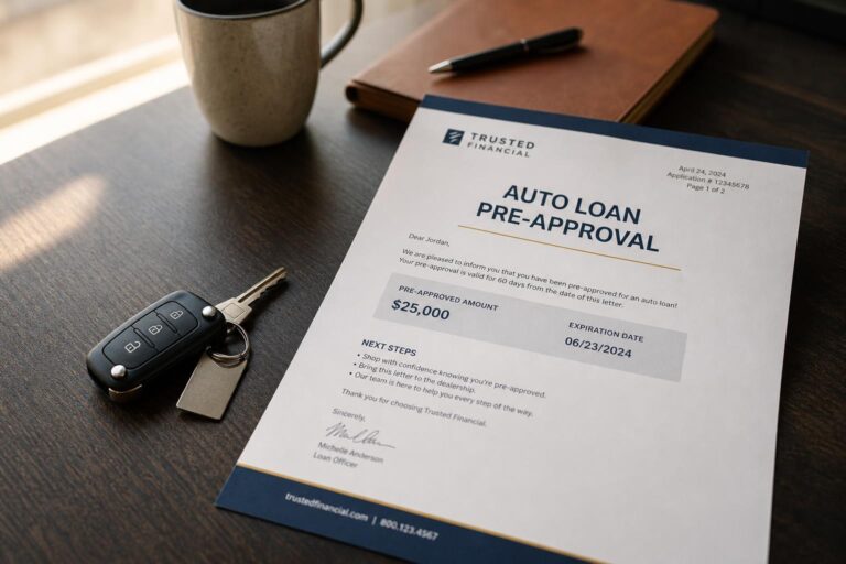 An auto loan pre-approval letter beside car keys on a desk