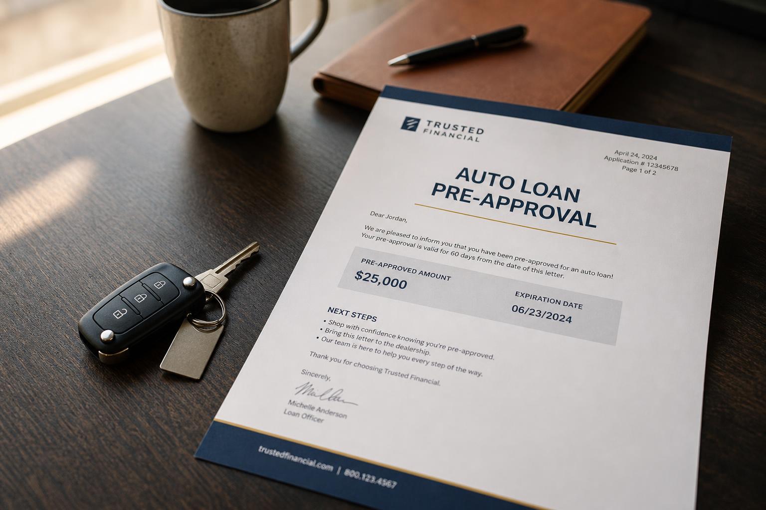 An auto loan pre-approval letter beside car keys on a desk