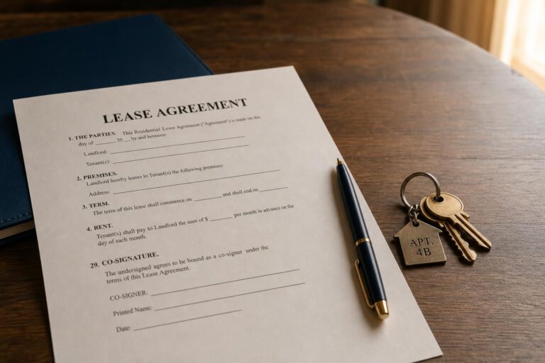A lease agreement with a co-signature line, a pen, and apartment keys
