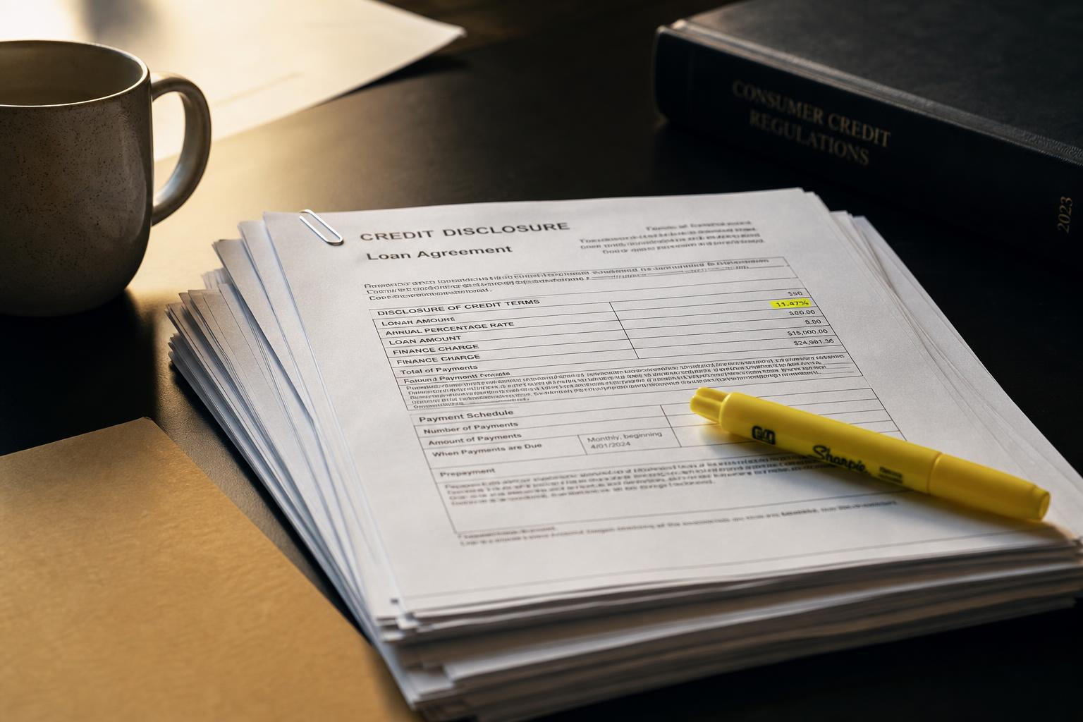 A stack of credit documents with a yellow highlighter