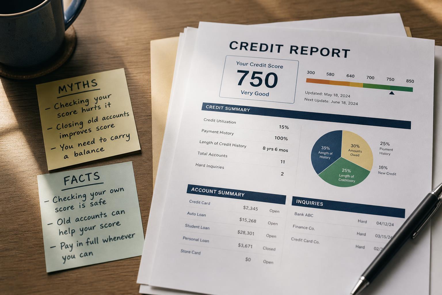 A credit report with small sticky notes and a pen, sorting myths from facts