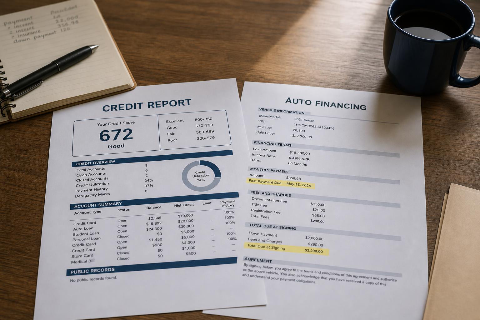 Un informe de crédito junto a un documento de financiamiento de auto, con algunas líneas resaltadas