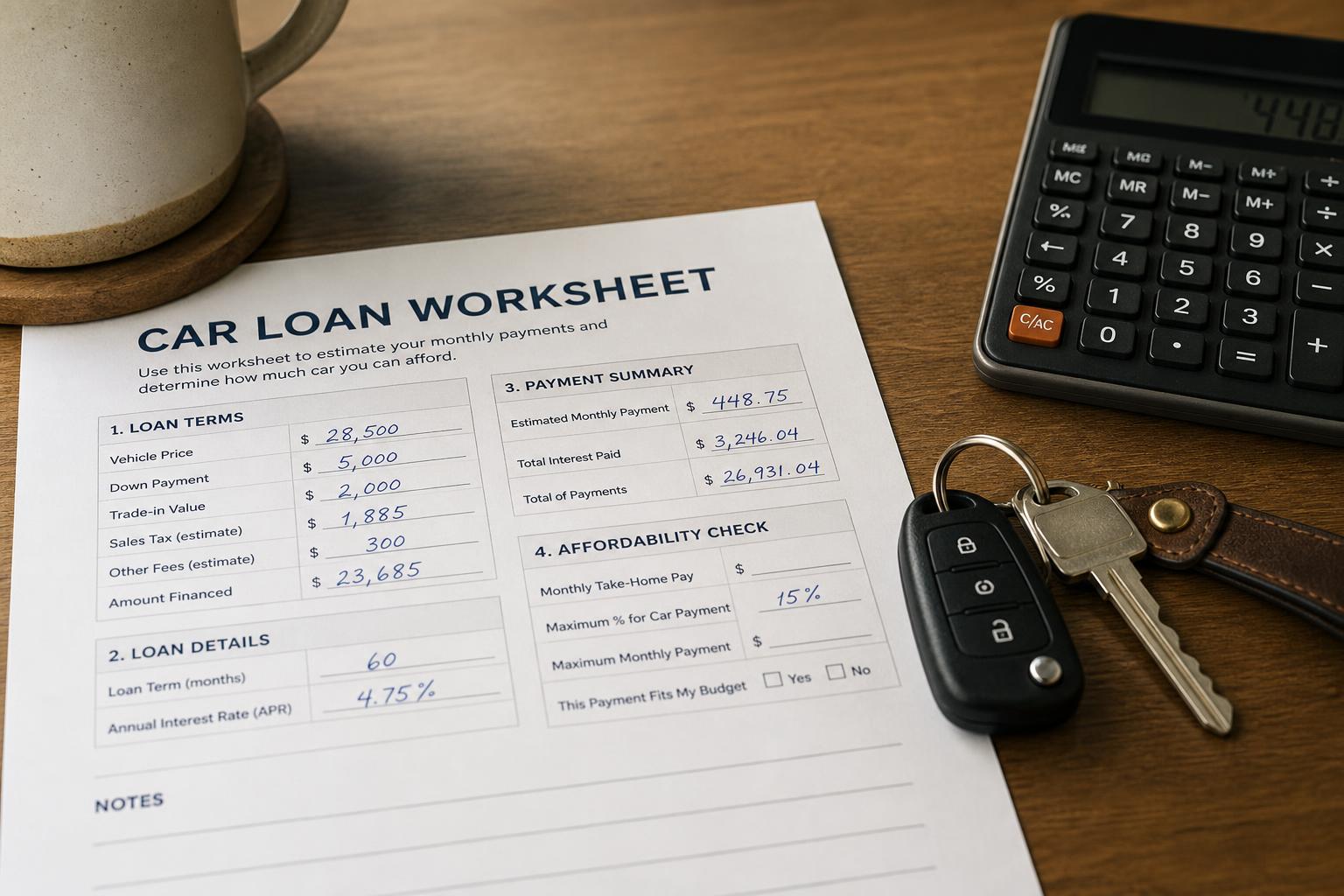 A car loan worksheet and car keys on a desk with a calculator