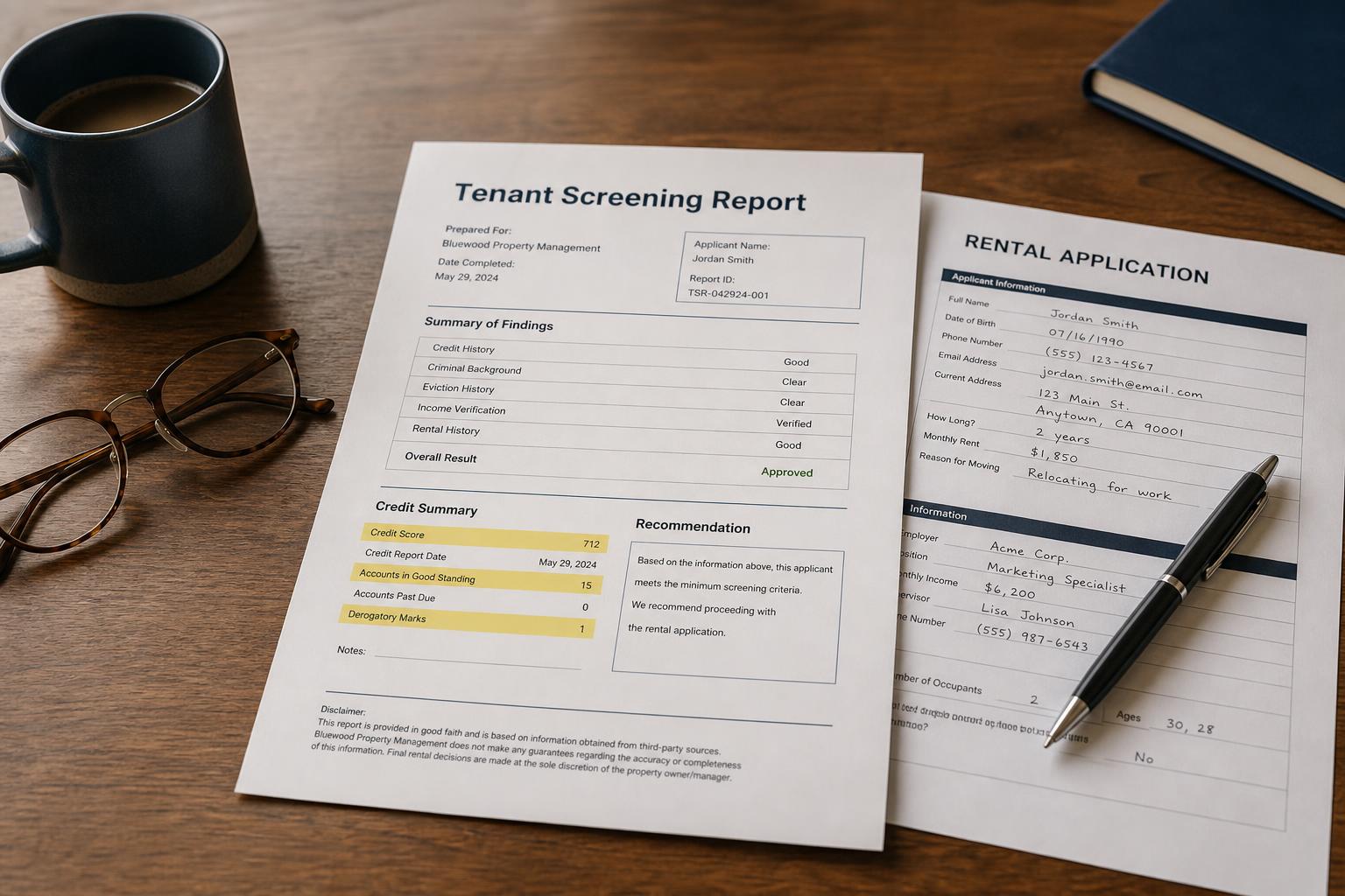 A tenant-screening report beside a rental application, a few lines highlighted