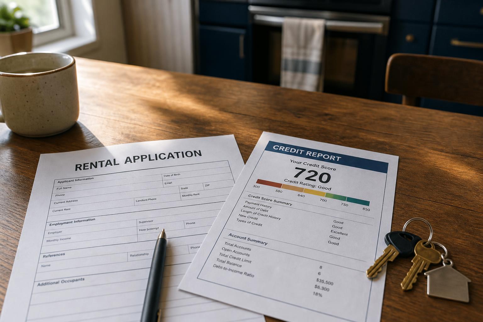 A rental application and a credit report on a kitchen table with apartment keys