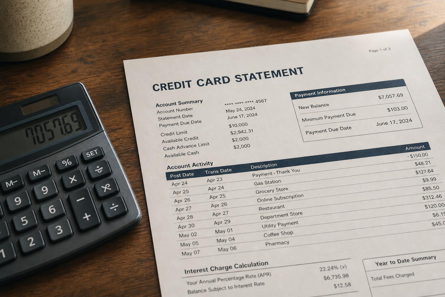 A calculator and a credit card statement on a wooden desk
