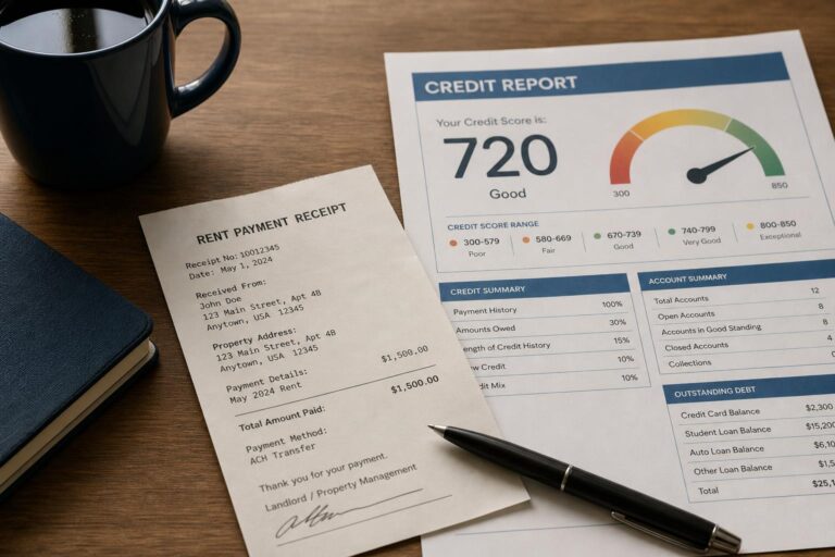 A rent payment receipt beside a credit report on a desk