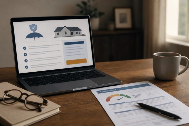 A laptop showing a generic insurance quote screen beside a credit report, no readable text