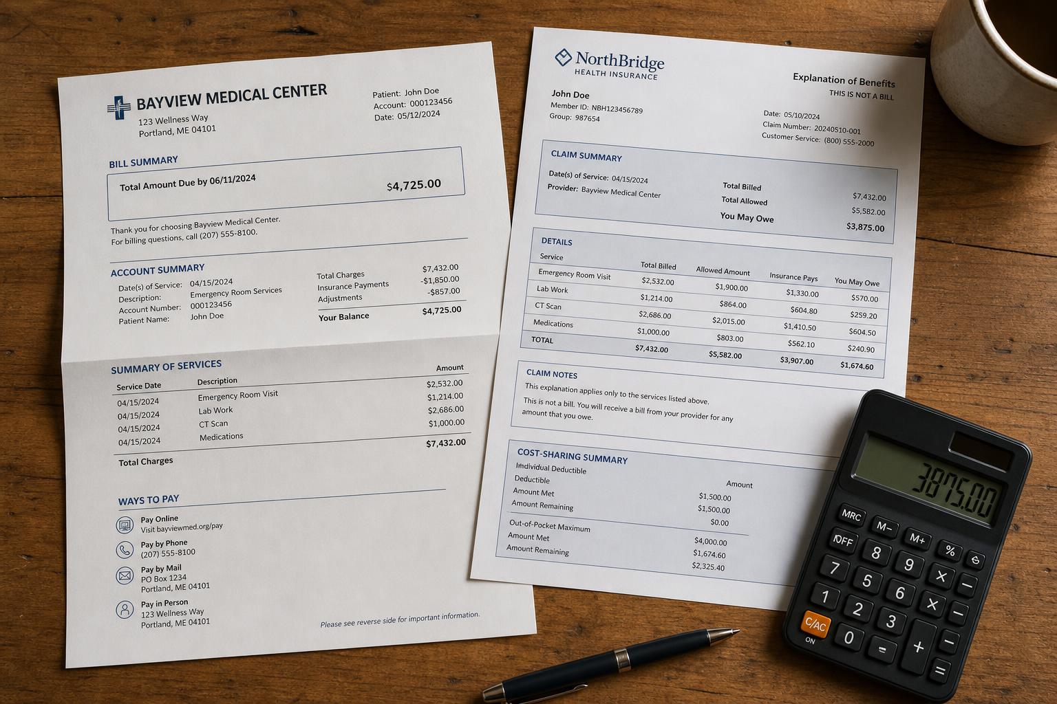 A medical bill and an insurance explanation-of-benefits on a kitchen table with a calculator