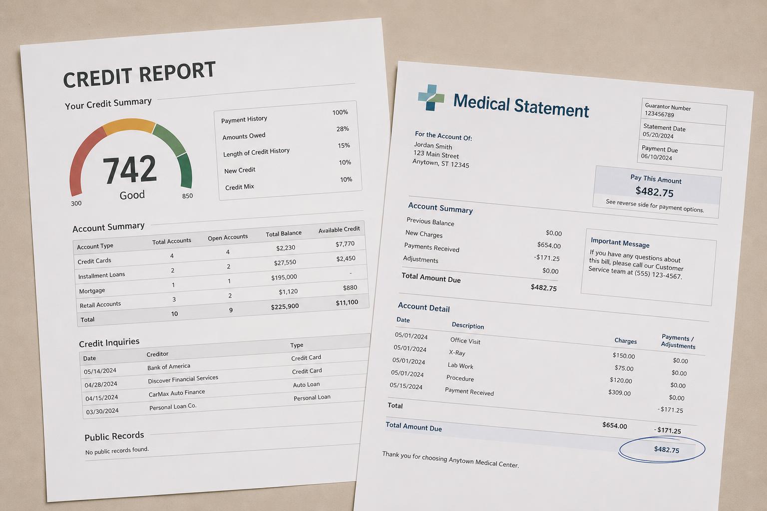 A printed credit report beside a medical statement, with a section marked for review