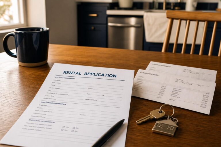 A blank rental application, pay stubs, and apartment keys on a kitchen table