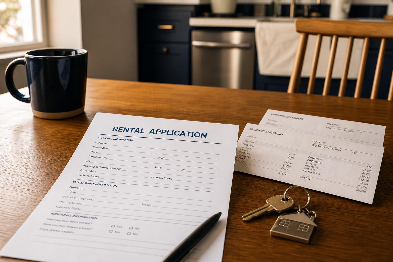 A blank rental application, pay stubs, and apartment keys on a kitchen table