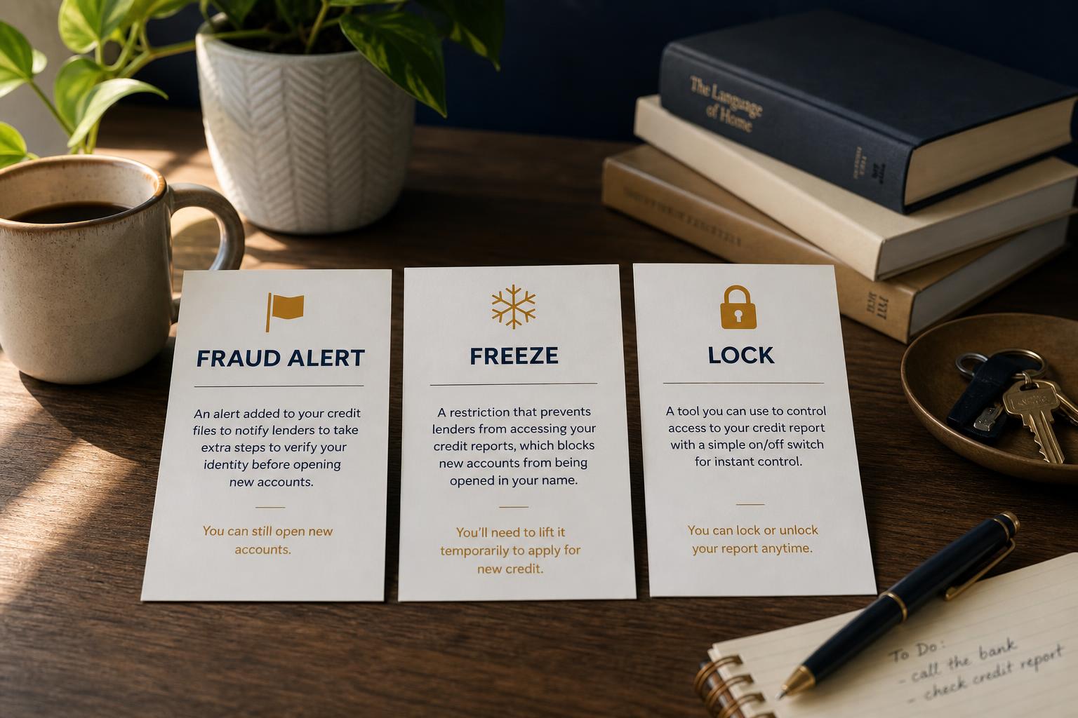 Three labeled document cards comparing a fraud alert, a freeze, and a lock
