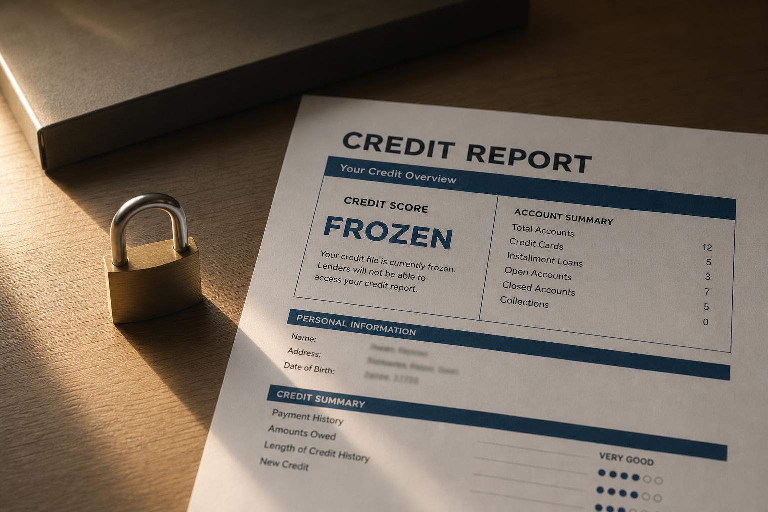 A credit report beside a small padlock on a desk, symbolizing a freeze