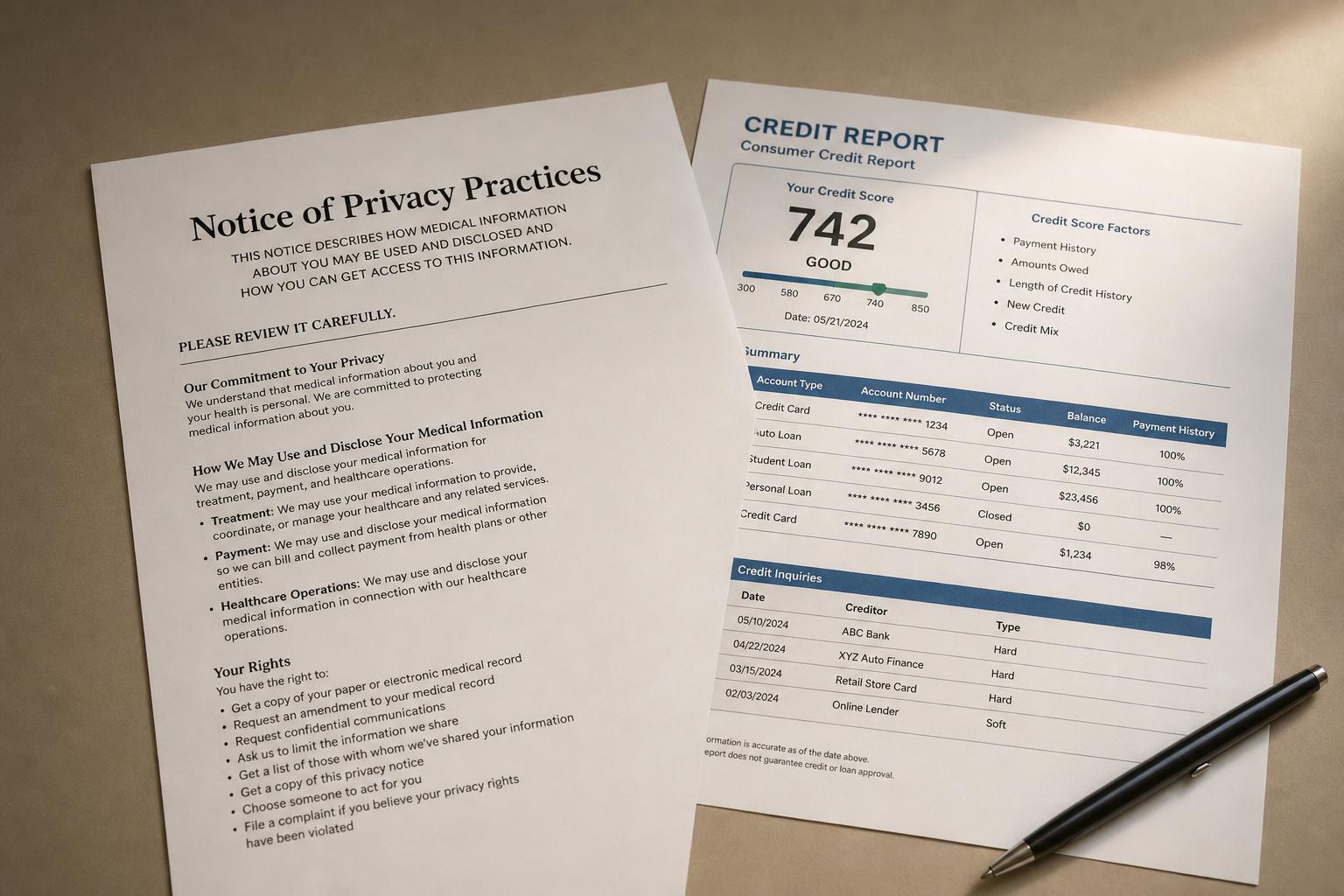 A medical privacy notice beside a credit report on a desk