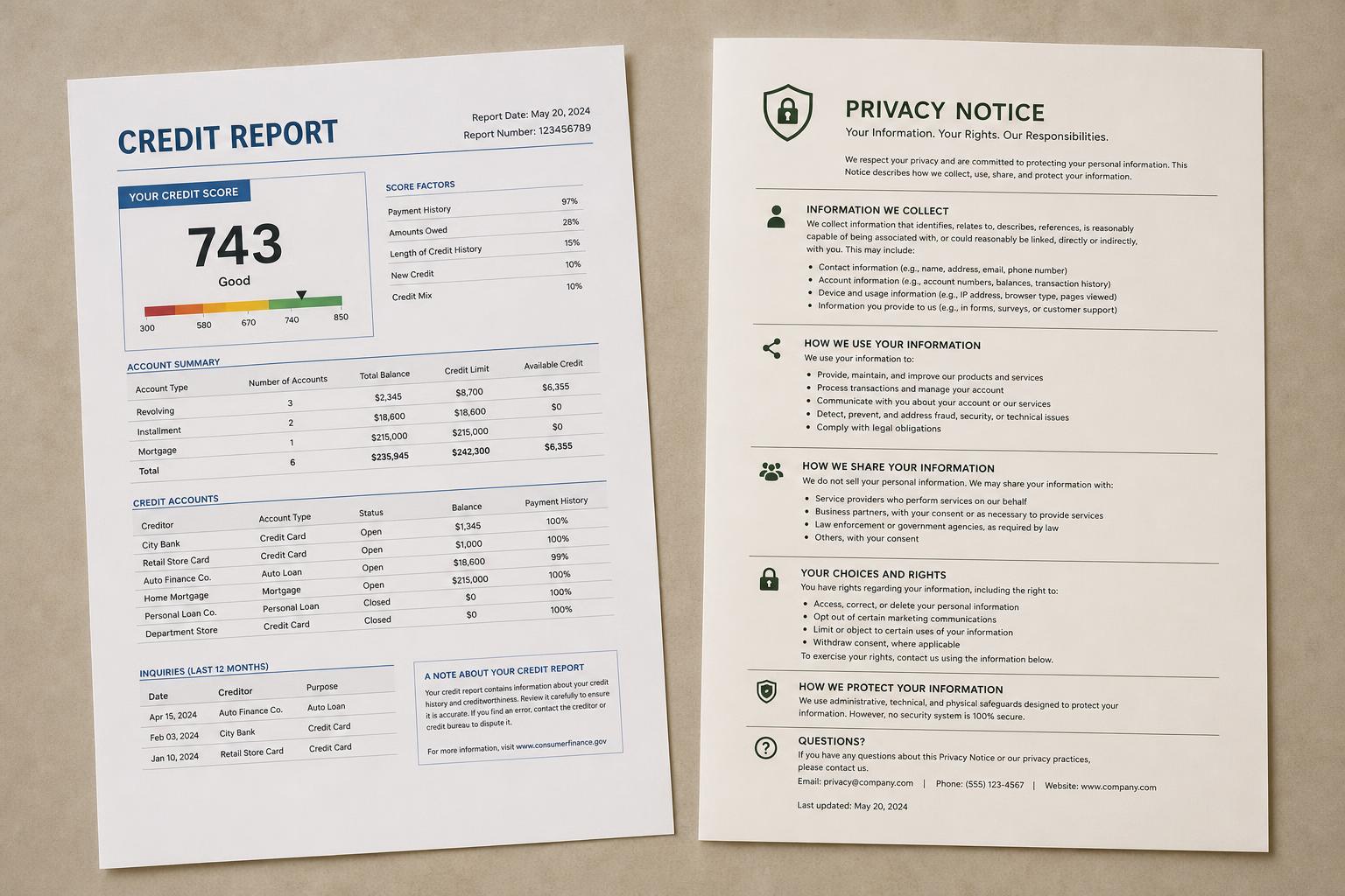 A credit report and a privacy notice side by side on a desk
