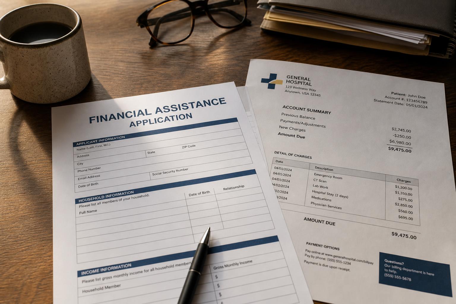 A financial-assistance application form beside a hospital bill