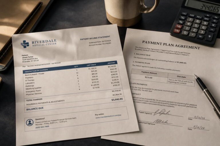 An itemized hospital bill and a payment-plan agreement on a desk with a calculator