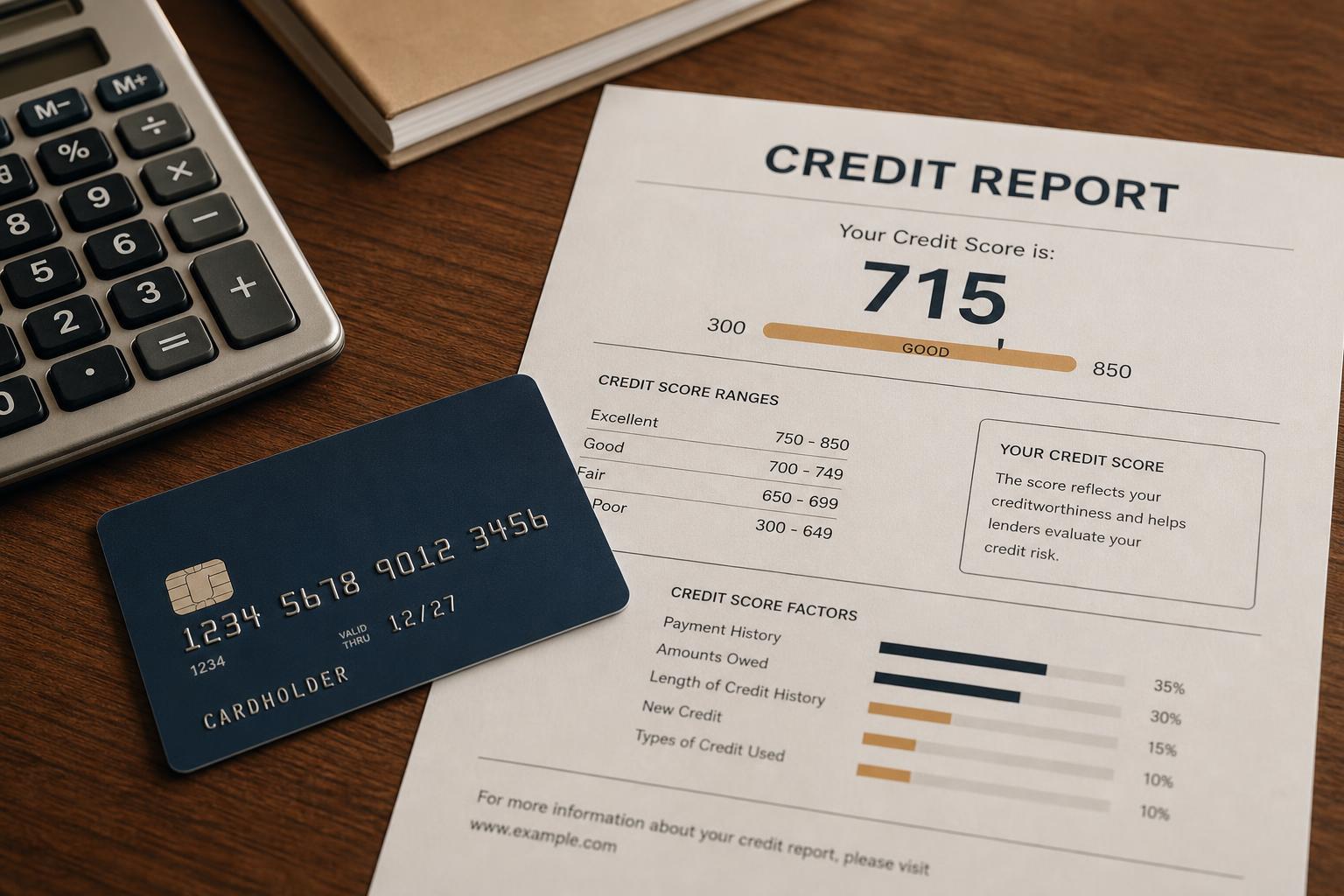 A credit card resting on a credit report beside a calculator