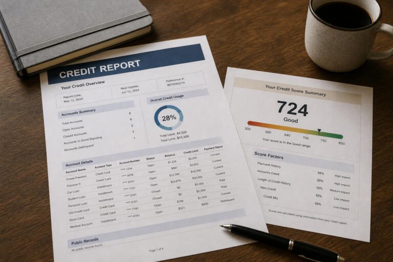 A printed credit report and a credit-score summary page on a warm wooden desk