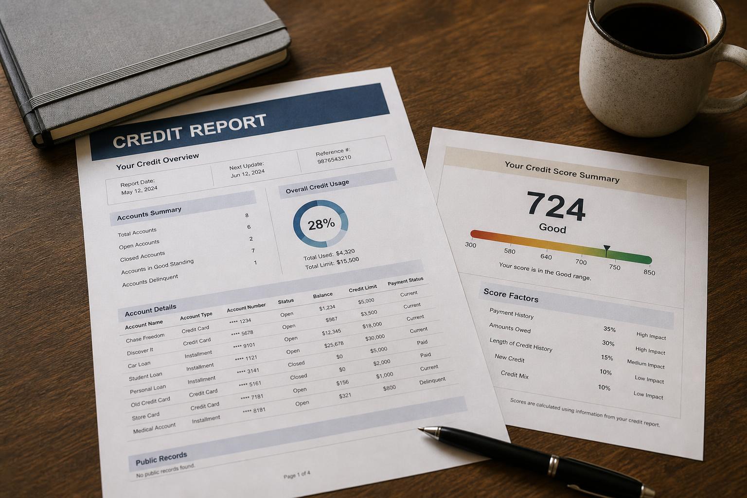 A printed credit report and a credit-score summary page on a warm wooden desk