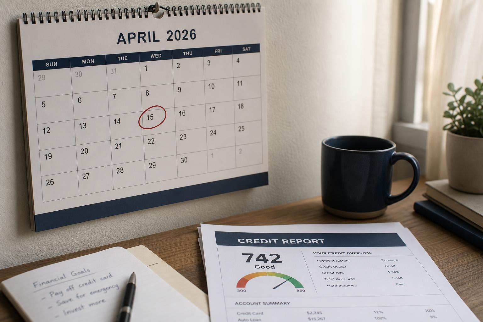 A wall calendar with a future date circled, beside a credit report