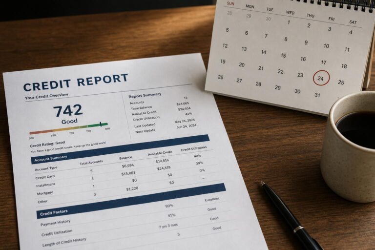 A printed credit report beside a desk calendar on a wooden table