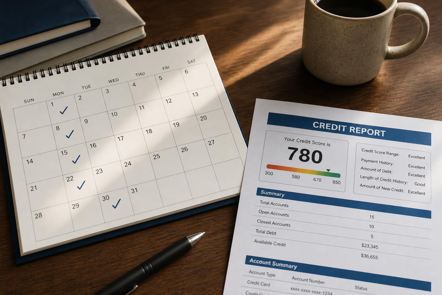 Un calendario con marcas periódicas junto a un informe de crédito