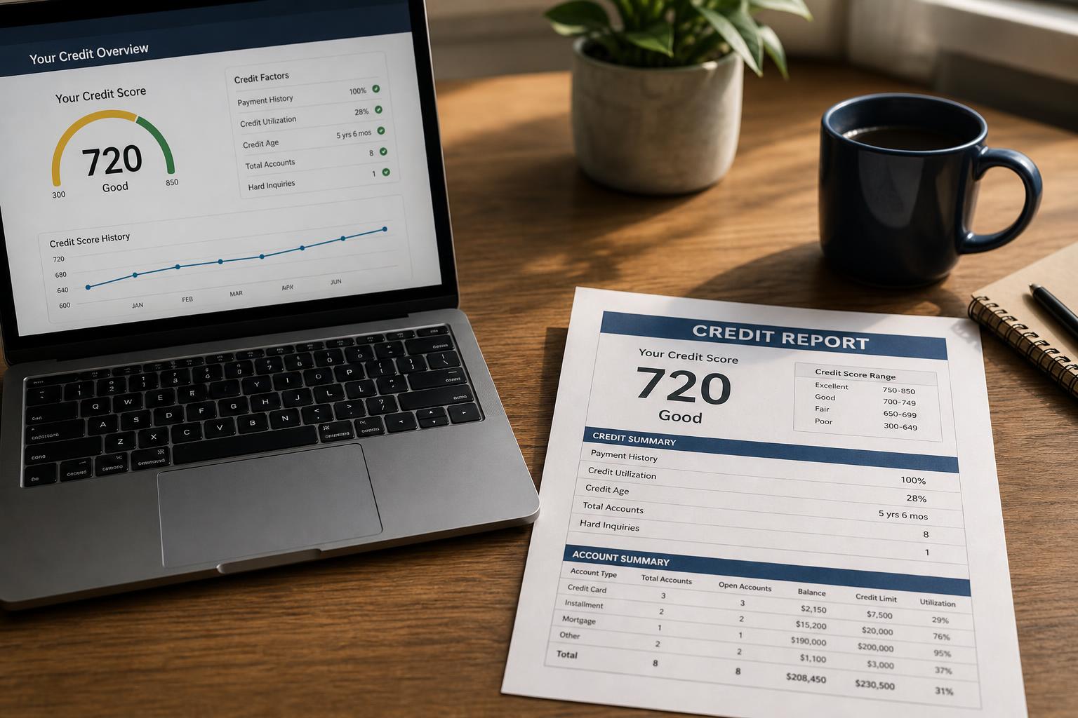 A laptop and a printed credit report side by side on a desk