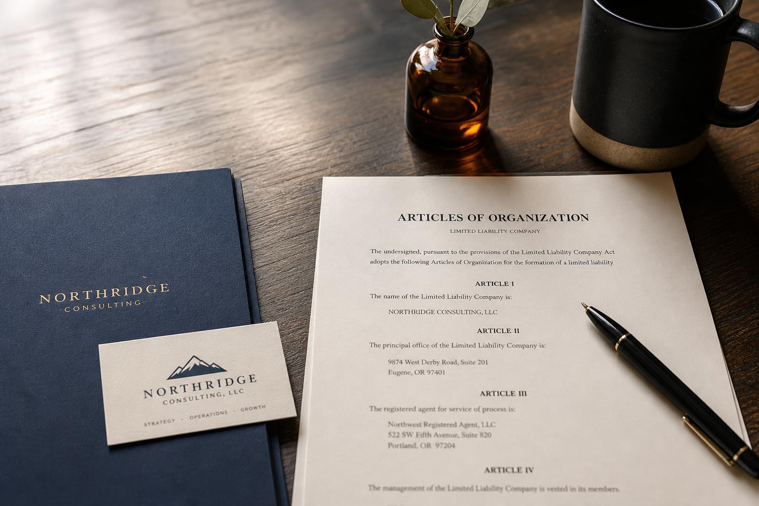 Business formation paperwork and a business card on a desk