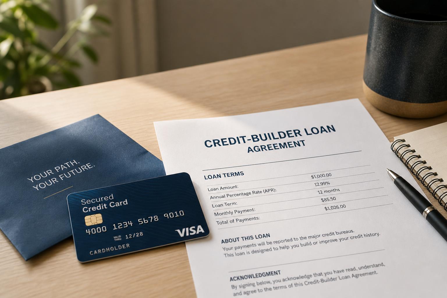 A new secured credit card beside a credit-builder loan document on a clean desk