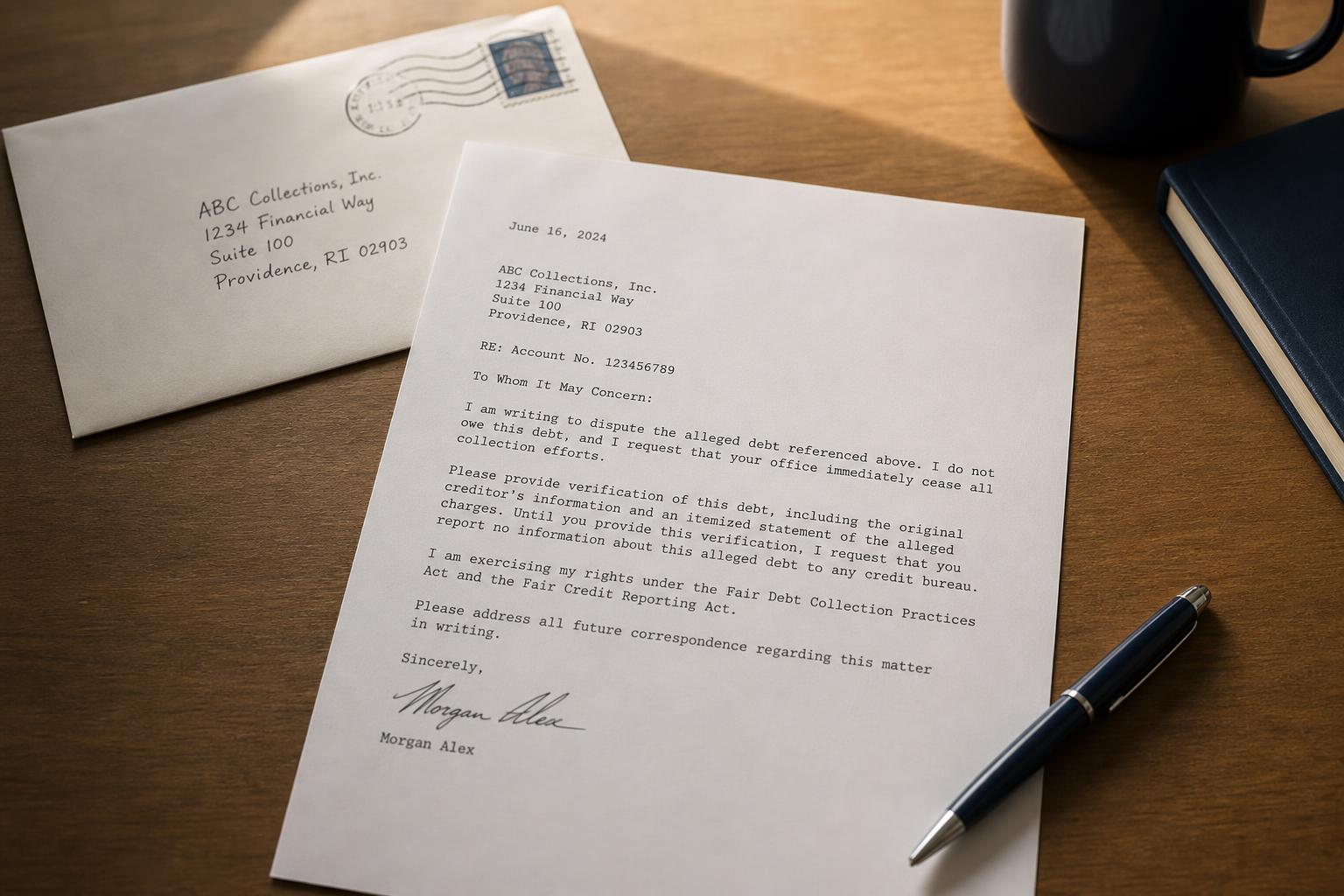 A typed dispute letter and an envelope on a desk with a pen
