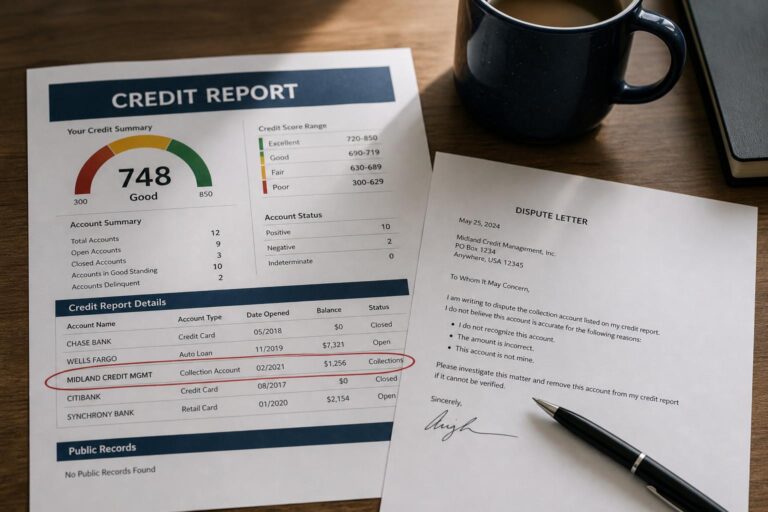 A printed credit report with one line circled in red beside a dispute letter