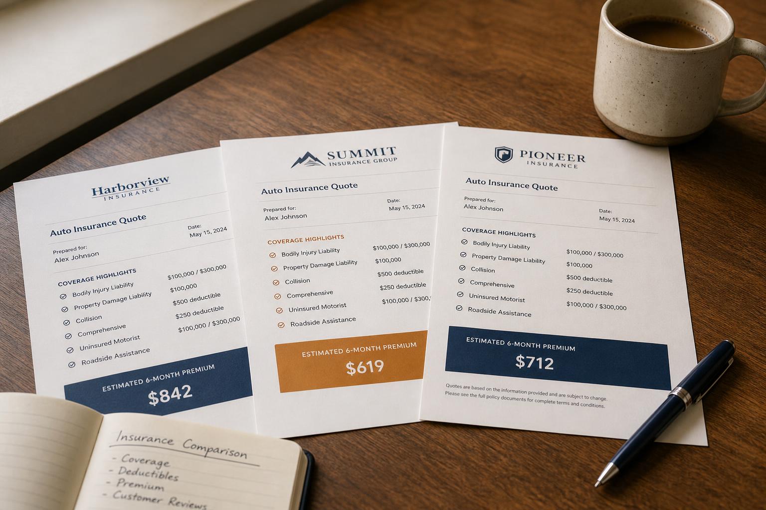 Several insurance quotes compared side by side with a pen