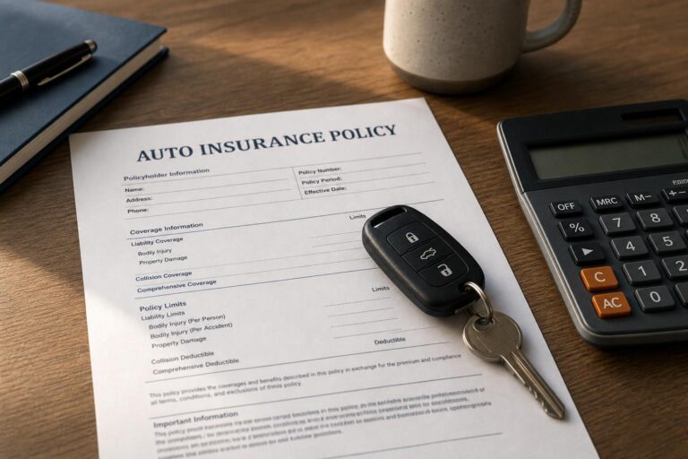 An auto insurance policy, car keys, and a calculator on a desk