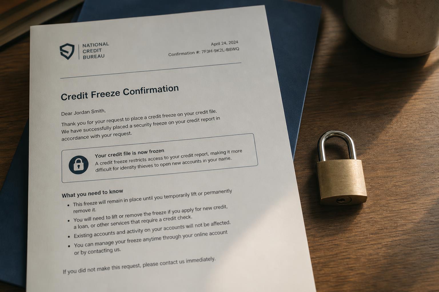 A credit-freeze confirmation letter beside a small padlock on a desk