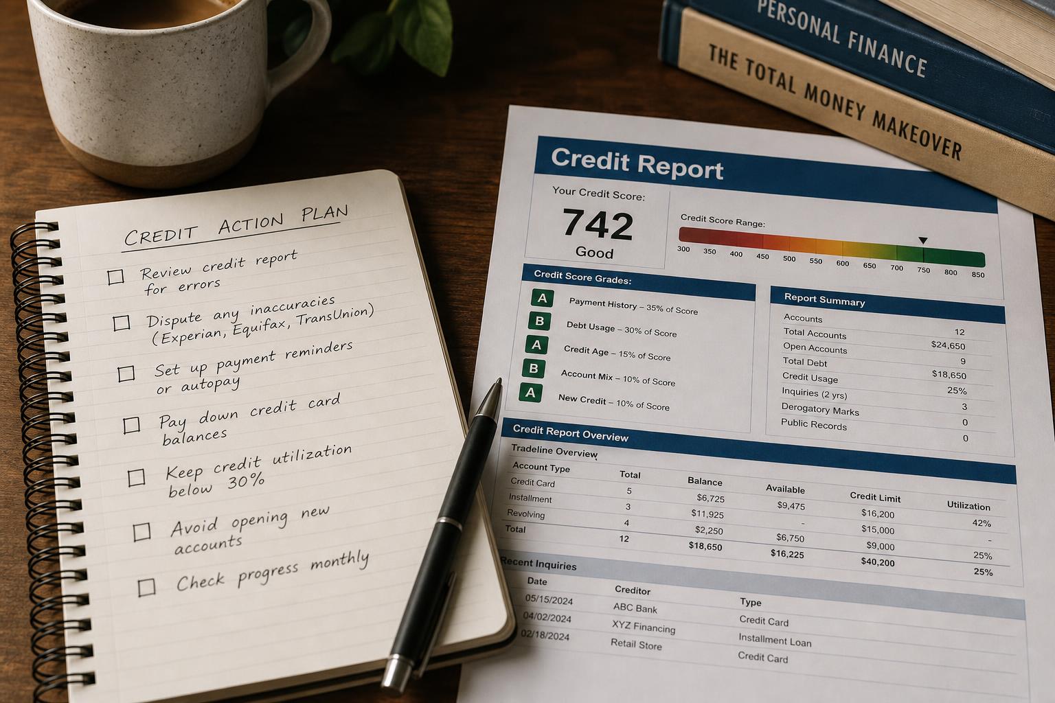 A handwritten action checklist beside a credit report on a desk