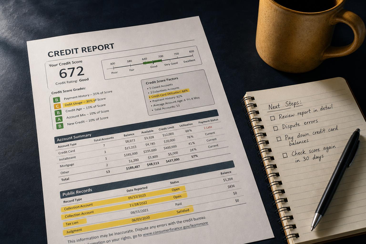 A credit report with several lines highlighted beside a notepad and pen
